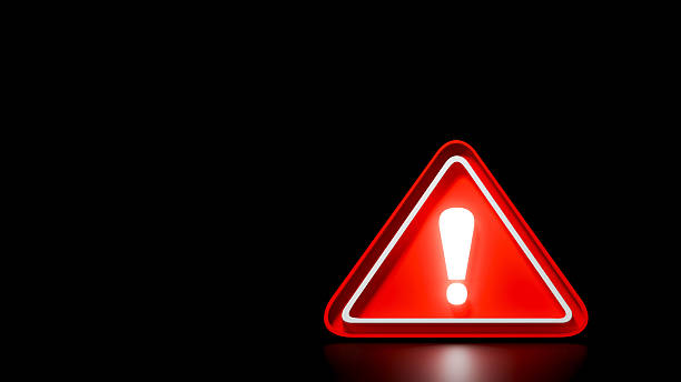 istock 3D Red triangle warning sign symbol on black background. Emergency alert, and caution. 2222419832