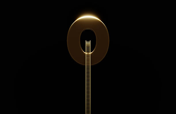 Gold colored ladder leaning onto number 0 before black background. Horizontal composition with copy space. Front view.