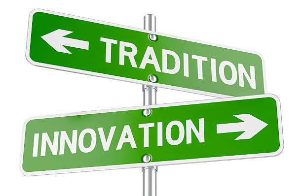 Tradition or innovation, road signs, 3D rendering isolated on white background