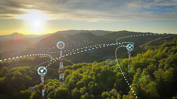 Three telecommunication towers connected by 3D graphic lines