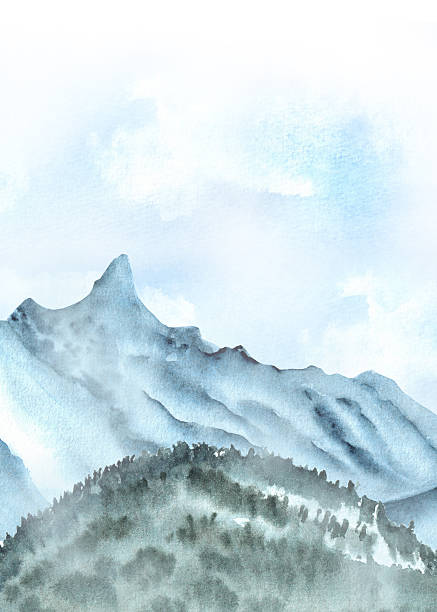 istock Ready-made greeting card template with watercolor blue mountains, hill with forest, cloudy sky. Hand-drawn illustration for postcard, invitation, poster, cover design for travel, hiking, camping 2222438217