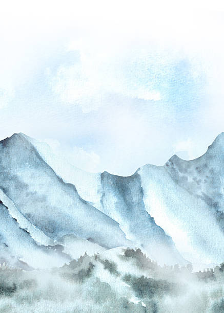 istock Ready-made watercolor greeting card template with blue mountains, hill, sky, clouds. Hand-drawn illustration for postcards, invitation, poster, cover design for travel, hiking, camping business 2222438448