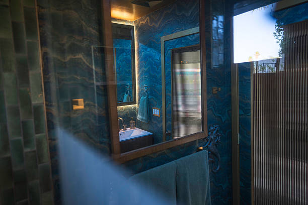 istock Reflected Glam: Shower View Teal Bathroom Mirror Scene 2222451245