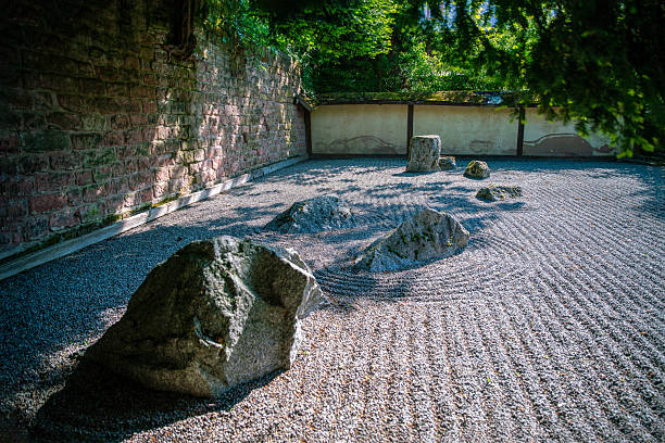 Japanese rock garden in Kaiserslautern or dry garden or karesansui with geometric shapes on gravel