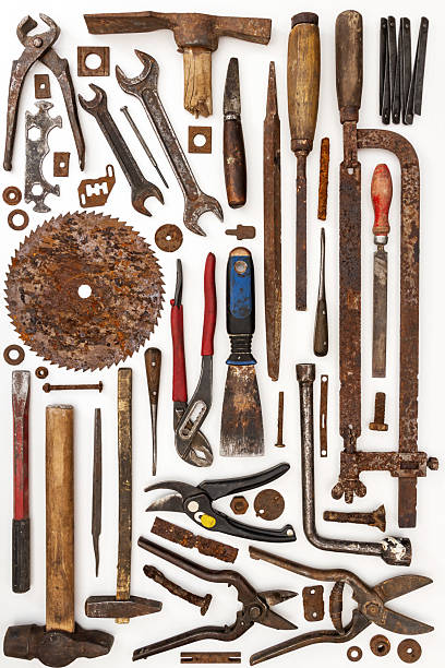 istock Flat lay of old hand tools on white background. 2222460465