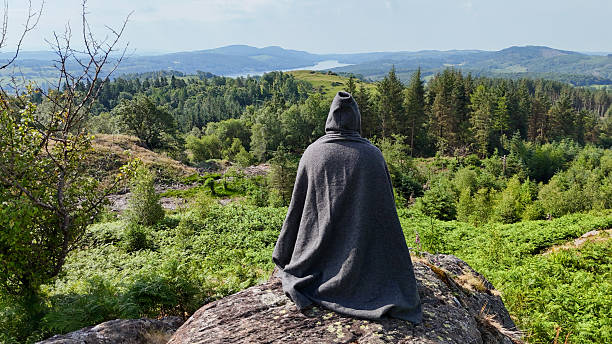 istock Cloaked figure standing on rock in forest landscape 2222460918