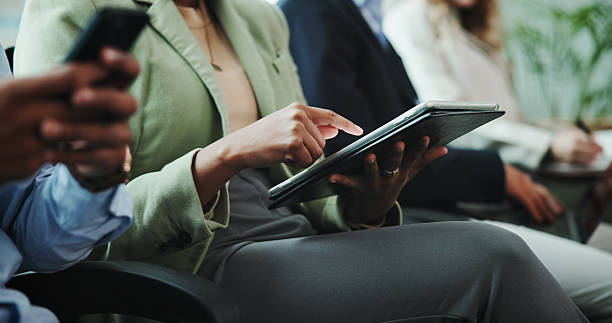 istock Hands, waiting room or businessman with tablet in queue for hiring registration, application or human resources. Resume, mobile or line for recruitment, employment vacancy or job search opportunity 2222461119