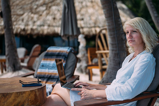 istock A woman works remotely from a beach bar 2222465739