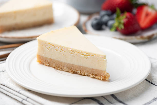 istock Slice of plain cheesecake on white plate 2222469865