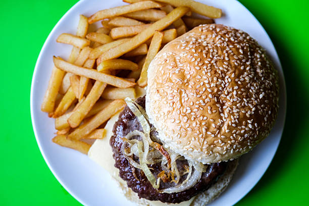 London UK June 27 2025, Homemade Beef Or Hamburger On Cheese With Chips Or Frites