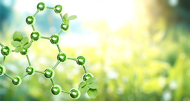 Horizontal sunny background with organic molecular structure with green hues and leaves. 3d glass atom model with leaf. Ecology, go green, Green Energy, environmental, conservation protection concept