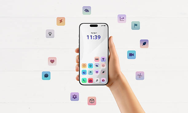 istock Bright mobile interface with floating icons against white background, perfect for app promotion or UI/UX design showcase 2222484470