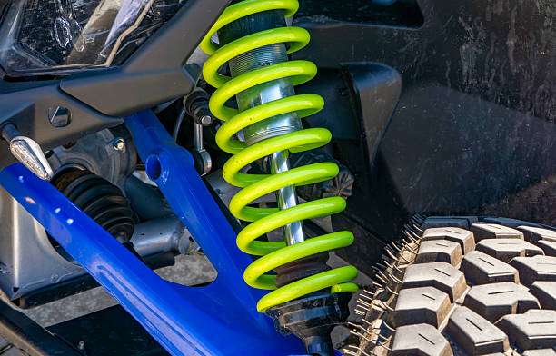 off-road vehicle suspension system, featuring a bright green coil spring, blue control arms, and a rugged all-terrain tire tread.