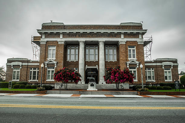 City Hall and Auditorium in downtown Rome, Georgia, overcast sky, early summer evening.