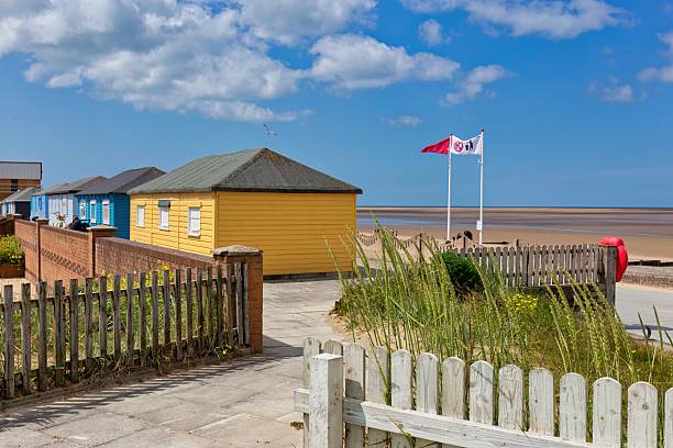 istock Colorful beach huts stand near a sandy beach under a partly cloudy sky. 2222499732