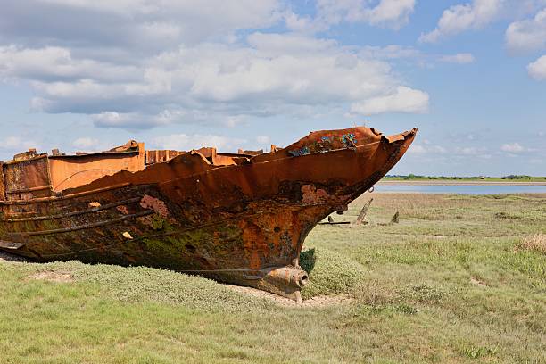 istock A decaying, rusted ship sits grounded on a grassy shoreline under a partly cloudy sky. 2222499826