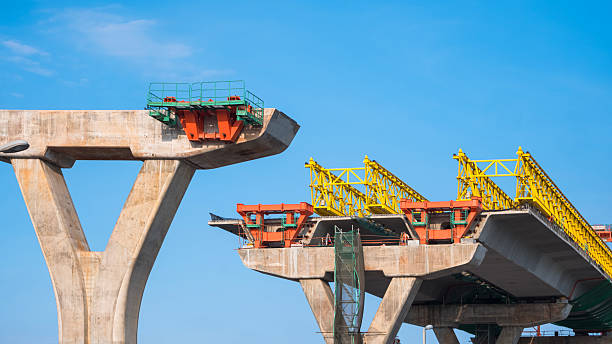 istock Metal launching gantry on foundation of elevated expressway structure against blue sky background, Perspective side view 2222500810