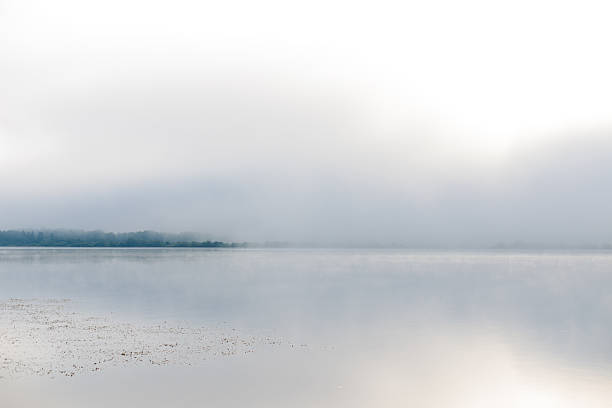 istock Wide misty lake surface merging with pale sky creating seamless soft gradient with distant tree line. 2222507017