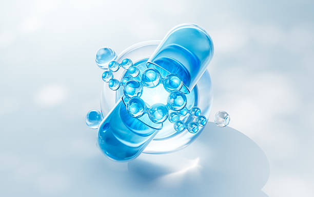 istock Medical capsule with transparent blue bubbles background, 3d rendering. 2222525865