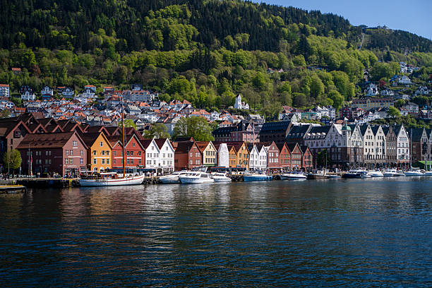 Harbour and traditional coastal buildings, Bryggen, Bergen, Norway