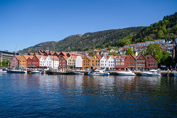 Harbour and traditional coastal buildings, Bryggen, Bergen, Norway