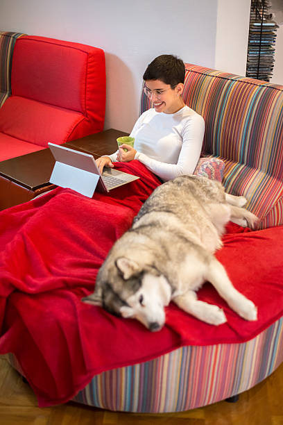 istock Young smiling woman using laptop at home 2222531536