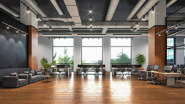 istock Open office with view from a large windows interior. 3d illustration 2222535163