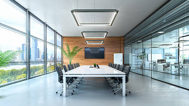 istock Conference room with large window view in the office. 3d illustration 2222535164