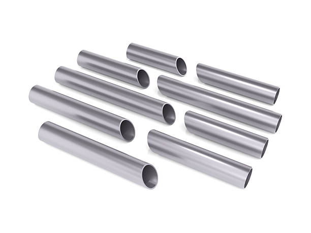 3d render showing stainless steel pipes placed in scattered pattern. Modern industrial design on clean white background, suitable for construction or tech visuals.