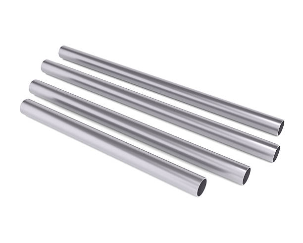 3d render showing four shiny metal pipes in diagonal layout. Stainless steel tubes on clean white background, industrial and modern engineering concept.