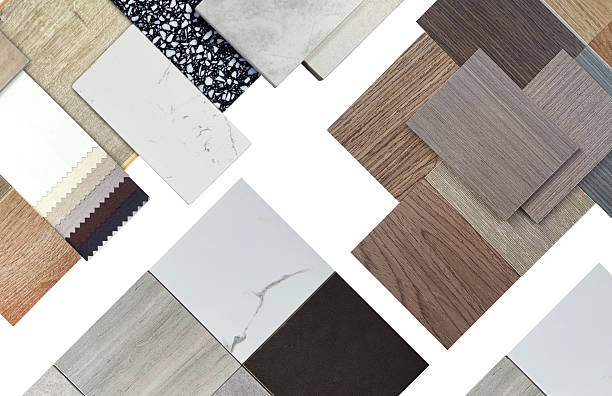istock Diverse interior design material samples: wood veneer, laminate, marble, stone tile, terrazzo, fabric, artificial stone swatches. Wide selection for architects, designers. 2222549349