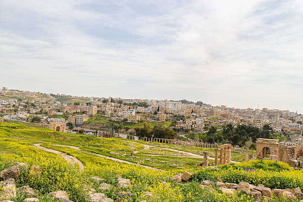 istock Expansive View of Ancient Jerash Ruins Blending with Modern Cityscape Under Cloudy Sky 2222549411