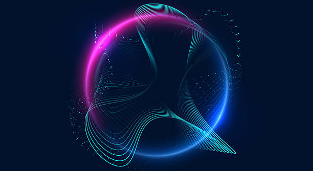 Modern technology particles spiral background with glowing dotted halftone lights Modern technology particles spiral background with glowing dotted halftone lights spherical shape stock illustrations