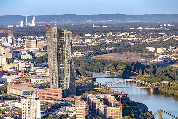 View of office skyscrapers in financial district on the bank of the river Main in Frankfurt, cranes on construction site in the background
