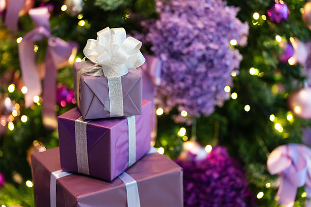 Holiday celebration. Festive season. festive wrapped presents composition. Winter holiday season gifts. Christmas Decorations
