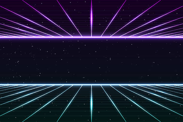 istock Retro Sci-Fi 80`s Futuristic Grid Landscape Background. Cyber ​​digital texture suitable for design in 1980s style. 3D illustration. 2222574344