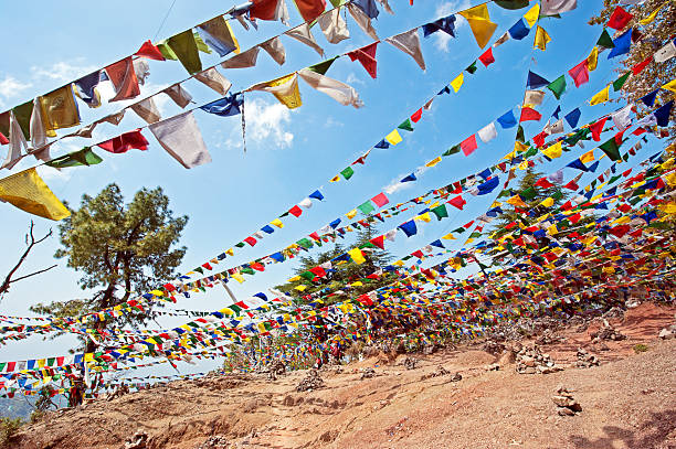 These colourful Tibetan Buddhist flags are a part of tradition to spread prayers and blessings throughout the environment. The five colors of the flags – blue, white, red, green, and yellow – respectively represent the five elements: sky, air, fire, water, and earth. Himachal Pradesh, a state in the Western Himalayas of northern India, characterised by extreme landscapes of mountain peaks and extensive river systems.
