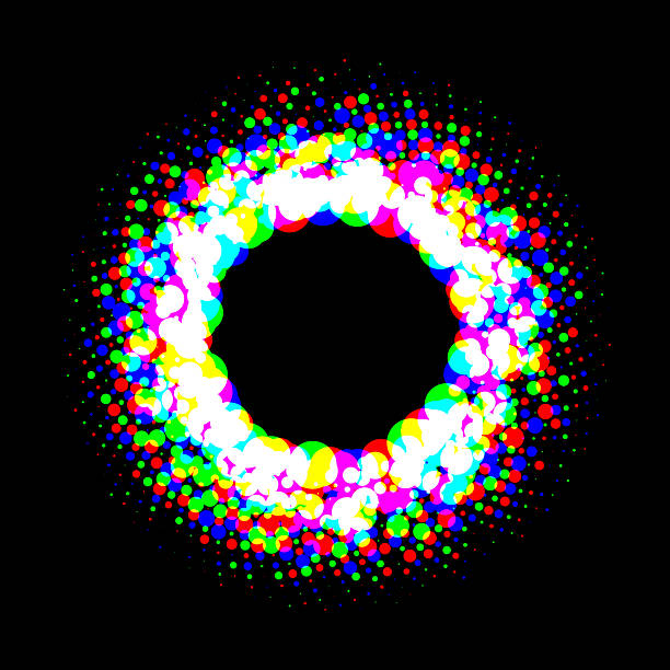 A vibrant circular formation of colorful dots radiates against a deep black backdrop, creating a lively and energetic visual experience. A captivating ring of multicolored dots encircles a hollow center, exuding dynamic energy with hues of bright red, green, blue, and yellow against a stark black background. medical continuous improvement stock illustrations