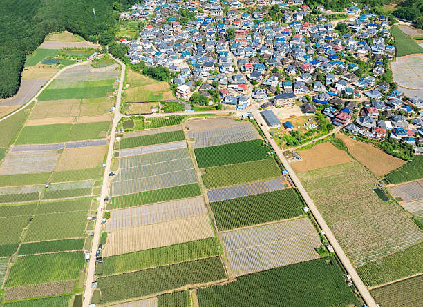 An elevated, wide-angle aerial view showcasing a dense cluster of residential houses forming a vibrant Asian rural village, nestled against the edge of extensive agricultural fields. The rooftops of the houses display a mix of colors and styles, suggesting a traditional or developing community in an Asian countryside setting. Adjacent to the village, the farmland is divided into distinct plots, some appearing freshly tilled or covered with plastic sheeting for cultivation, while others show green crops. Beyond the fields, a lush, verdant forest stretches towards the horizon, indicating a natural, uncultivated area typical of Asian landscapes. The scene captures the harmonious interface between human habitation, agriculture, and natural beauty in a serene Asian rural environment.