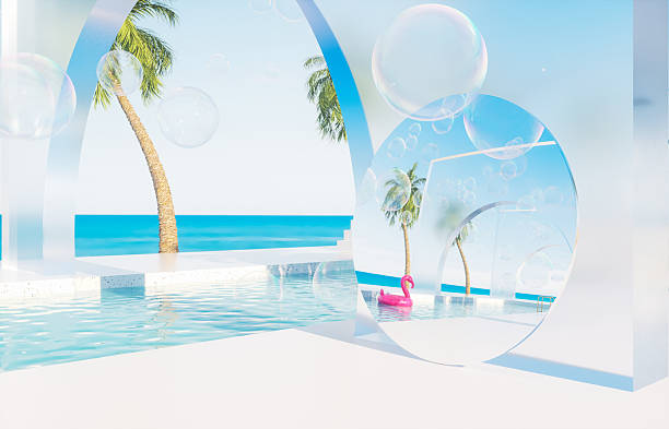 istock Summer swimming pool scene with a mirror reflection the sky. 3d rendering background 2222590934
