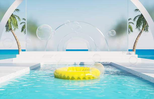 istock Summer swimming pool scene with colorful inflatable for product display. 3d rendering background 2222590965