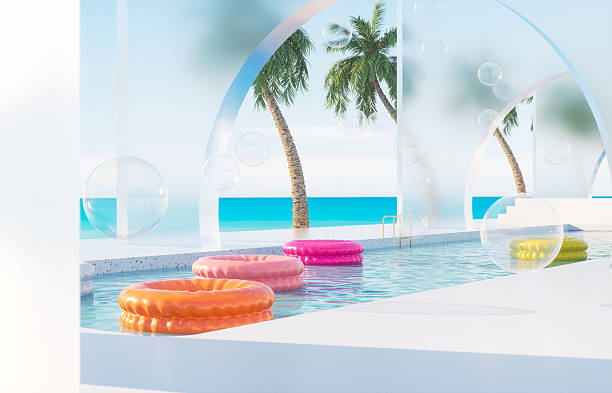 istock Summer swimming pool scene with colorful inflatable. 3d rendering background 2222590969