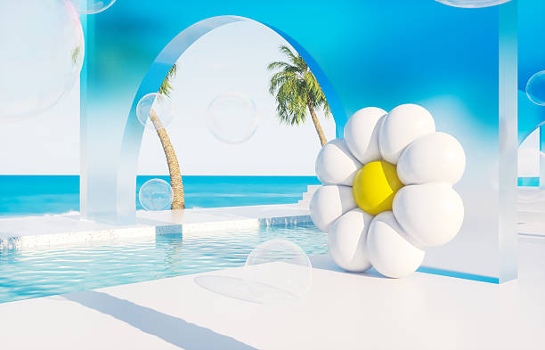 istock Summer swimming pool scene with colorful inflatable. 3d rendering background 2222590971
