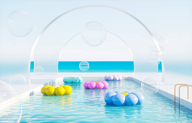 istock Summer swimming pool scene with colorful inflatable for product display. 3d rendering background 2222590976