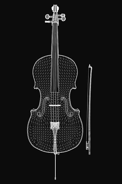 A detailed black and white drawing of a cello on a dark background, featuring intricate strings and a bow placed beside it. The elegant instrument stands out with its smooth curves and precise.