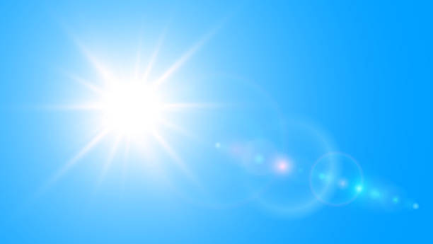 istock Sun with lens flare on blue sky, sunny background as hot weather concept, summer background illustration. 2222593612