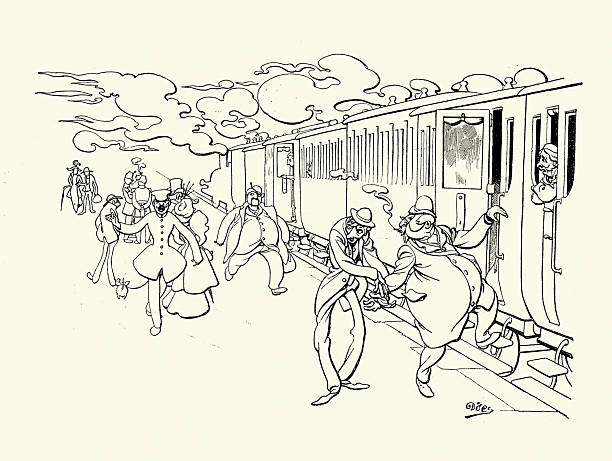 Cartoon, passengers late for the train running on the station platform, Victorian, Vintage illustration 19th Century, 1890s