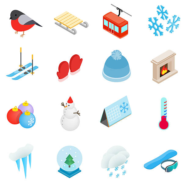 Winter elements icons set, isometric 3d style Winter elements icons set in isometric 3d style on a white background scarf wind mask stock illustrations