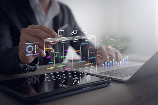 istock Project management and scheduling with AI technology. Plant managers use planning software to create Gantt charts to update progress and action plan tasks. 2222600893