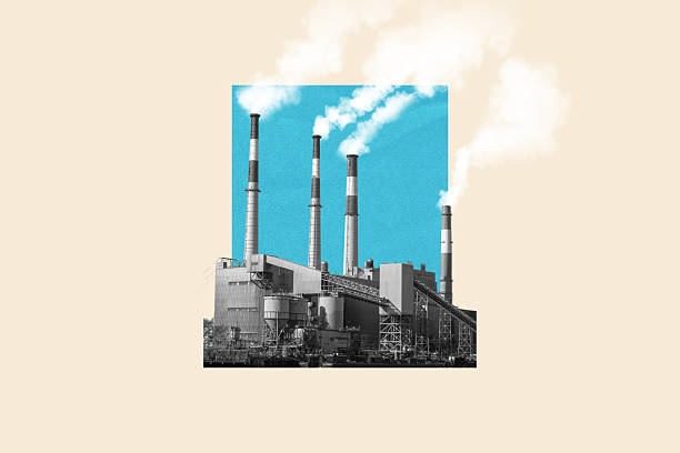 Nuclear power plant with smokestacks emitting white smoke into blue sky. Industrial pollution concept, isolated on beige background. Artistic black and white digital collage